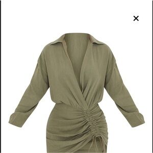 Pretty Little Thing Khaki Linen Long Sleeve Plunge Ruched Shirt Desss